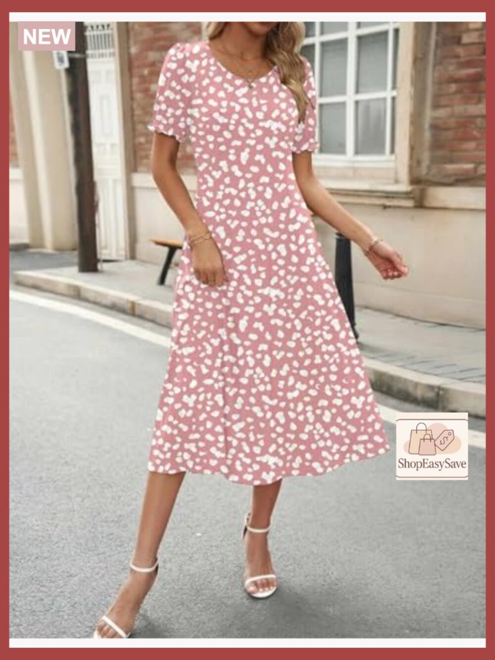Pleated Midi Dress Puff Sleeve Flowy Casual Sundress with Pockets Elegant Chic - Picture 6 of 7